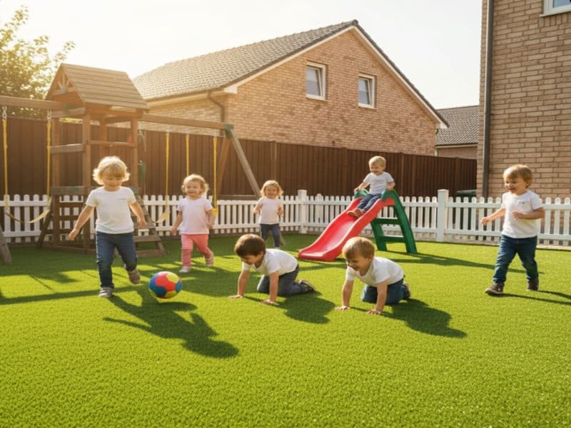 Man using a leaf blower to clean artificial grass debris